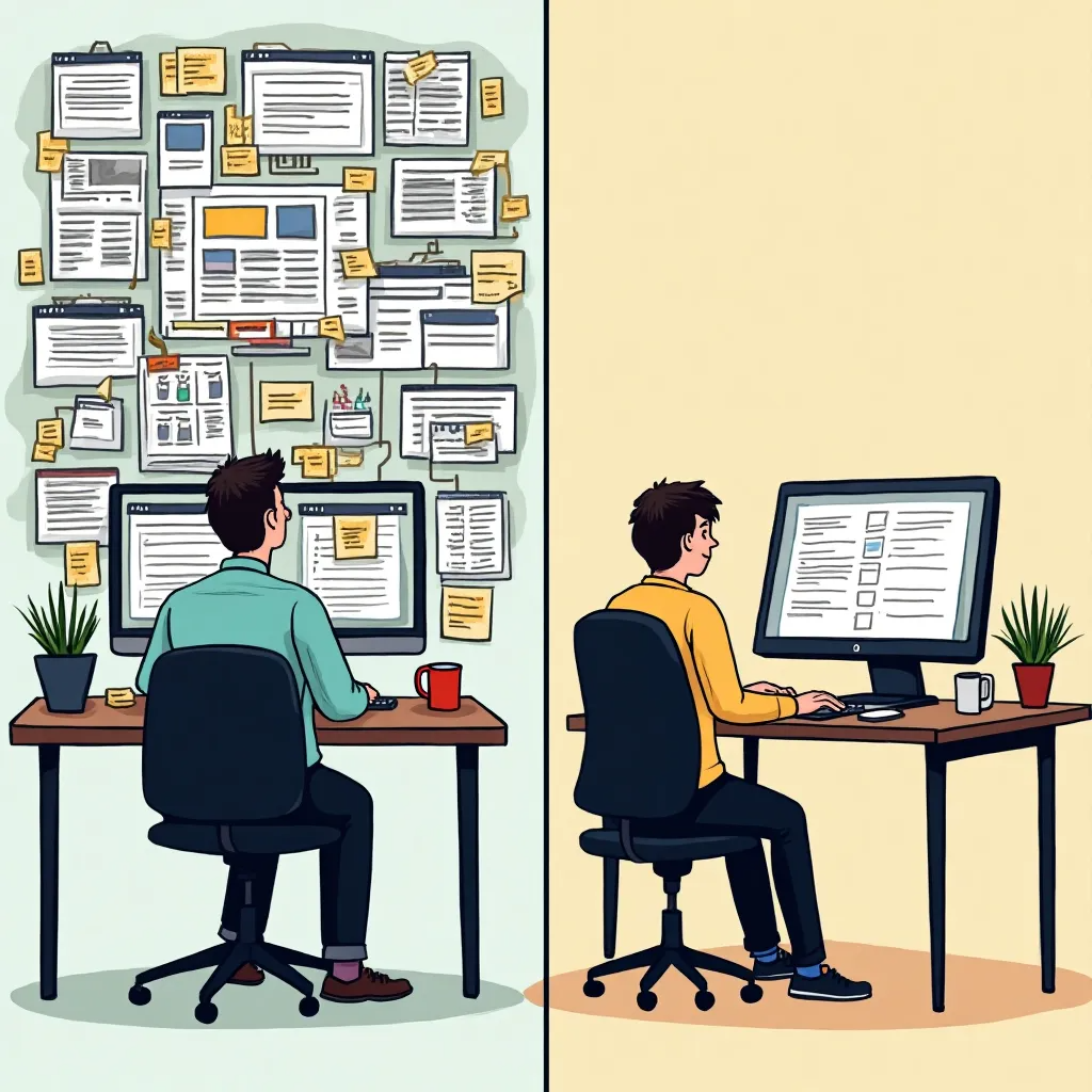 Split scene contrasting chaotic over-customized workspace with calm focused workflow