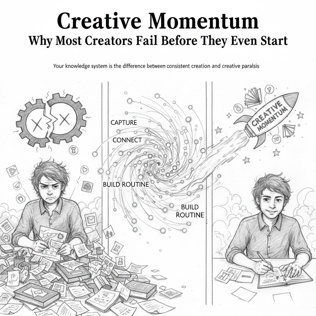 Sketched split scene: creator drowning in notes on the left, rocket of creative momentum on the right