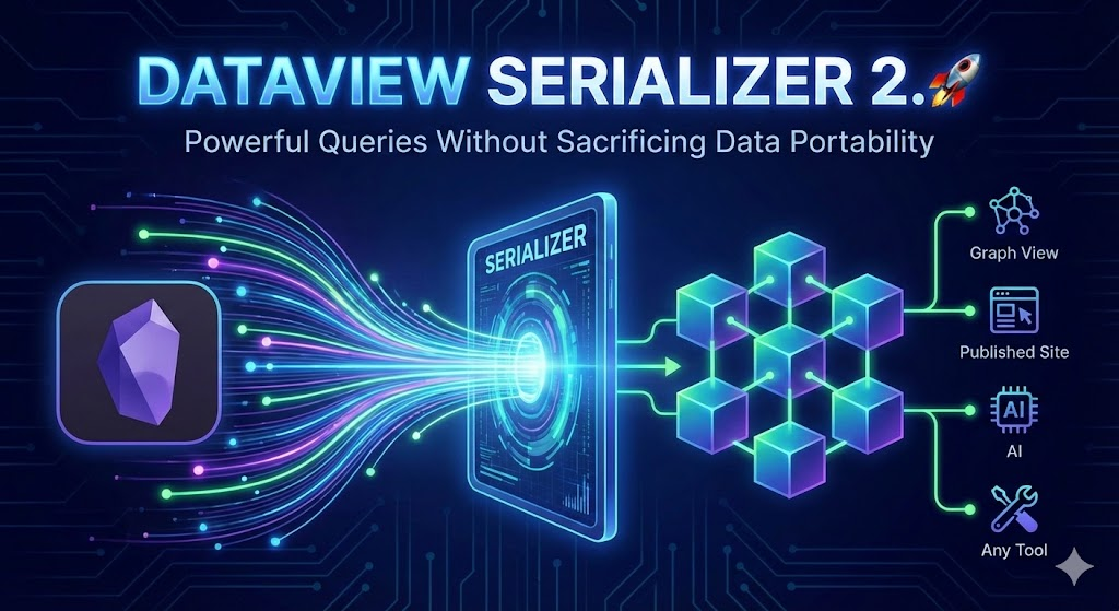 Dataview Serializer 2.0 cover: crystal shattering into portable Markdown blocks flowing to any tool
