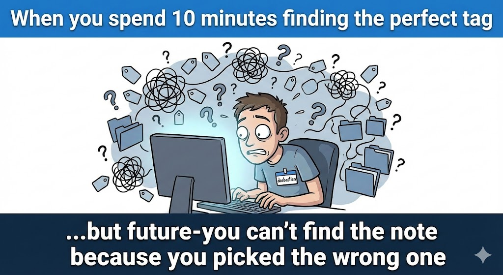 Meme: spending 10 minutes picking the perfect tag, then your future self never finds the note