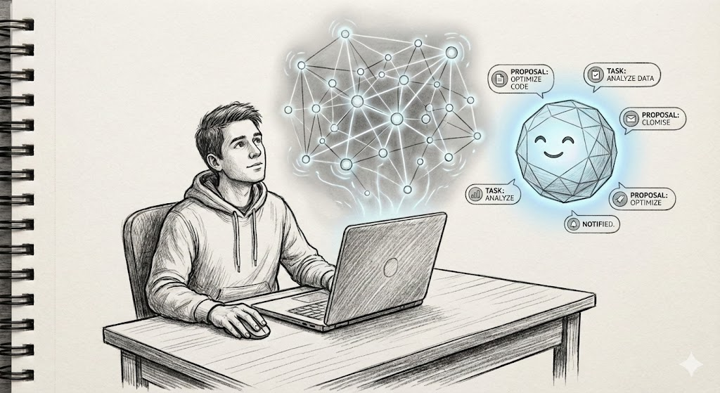 Sketch of creator at laptop delegating to an AI agent that reasons over a knowledge graph before returning for approval