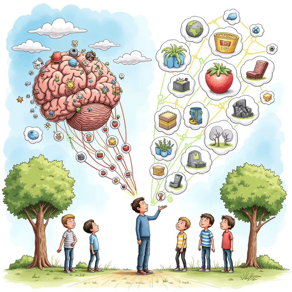 Illustration of a brain as a hot-air balloon launching ideas that connect into a shared knowledge cloud