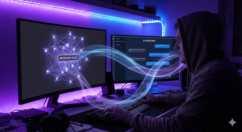 Creator at desk with AI visualizing and reasoning over their Obsidian vault on the monitor