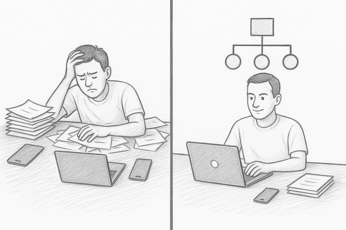 Sketch contrasting an overwhelmed worker buried in papers with one using an organized system