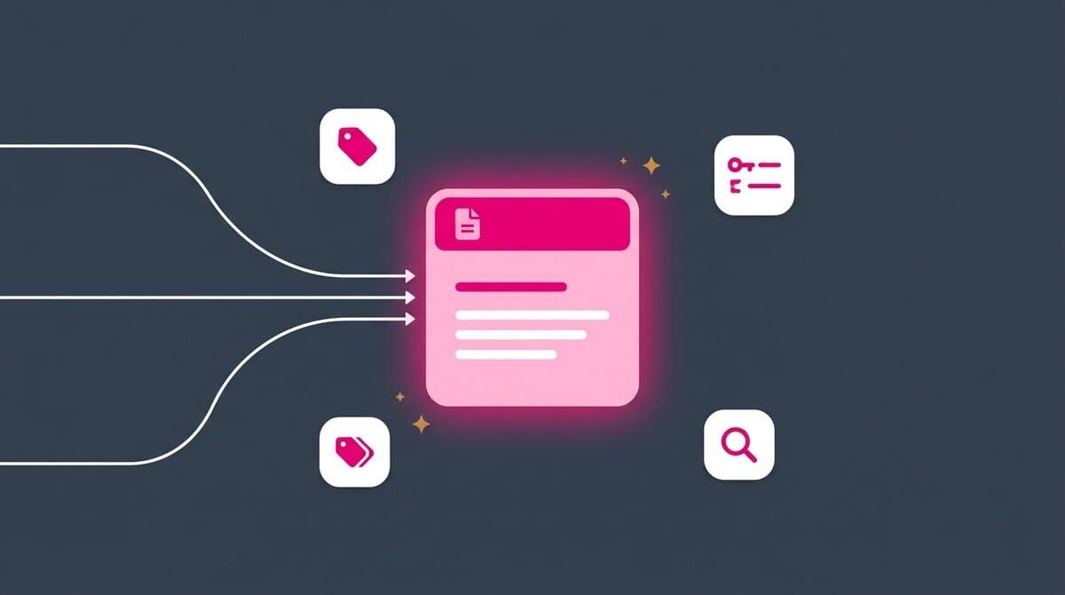 A note card with several paths leading to it: names, aliases, types and tags