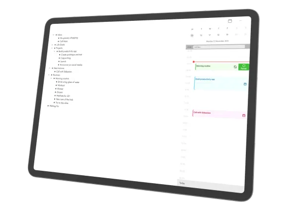 Tablet showing a productivity app with an outlined plan alongside a calendar day view