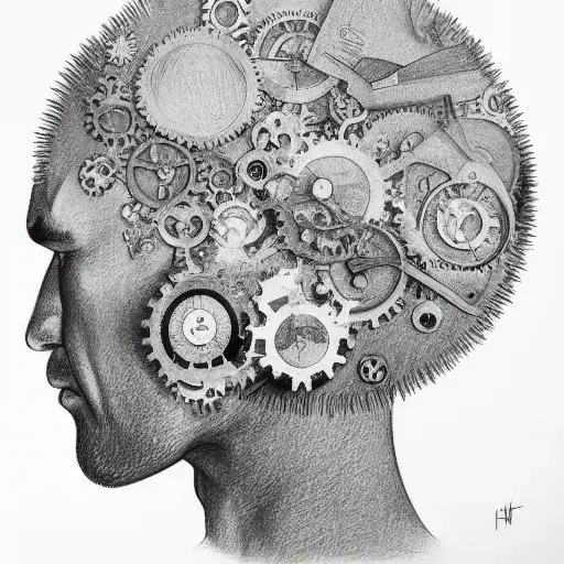Head filled with overlapping gears, depicting a mind under cognitive overload