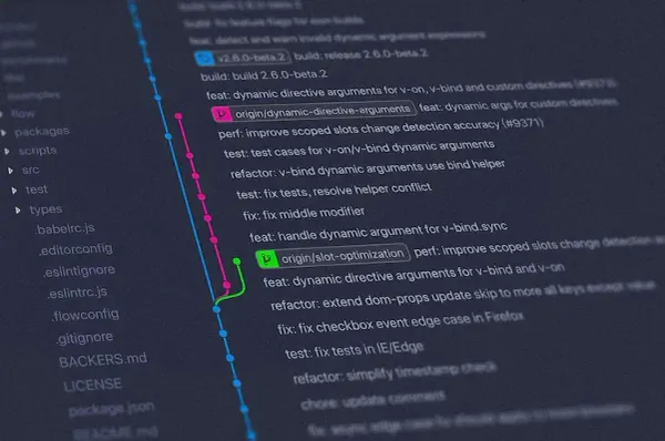 Close-up of a colorful Git commit log in an editor, branches diverging and merging