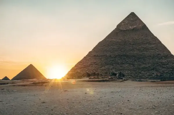 The Great Pyramid of Giza at sunset, the visual metaphor for deeply nested 'pyramid of doom' code.