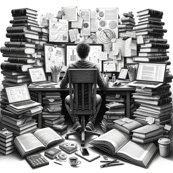 Knowledge worker surrounded by stacks of books and screens, drowning in information