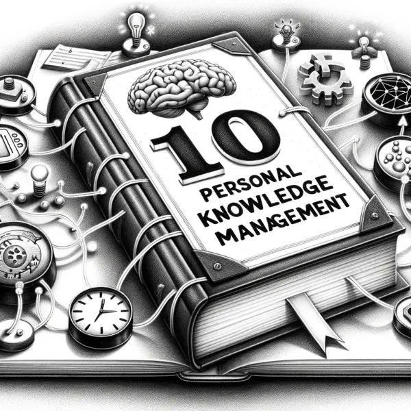 Decorative brain-and-gears book cover for a top-10 roundup on Personal Knowledge Management