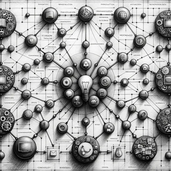 Dense graph of interconnected idea nodes around a central bulb, visual metaphor for a living knowledge network