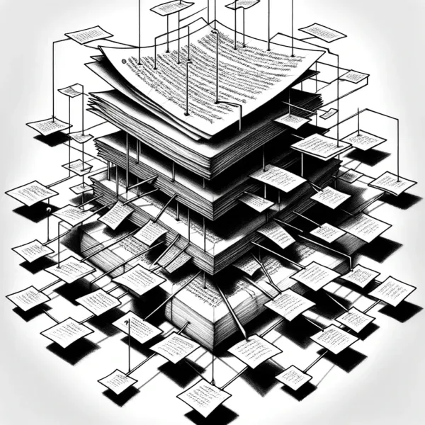 Stack of pages fanning out into a network of linked atomic note cards