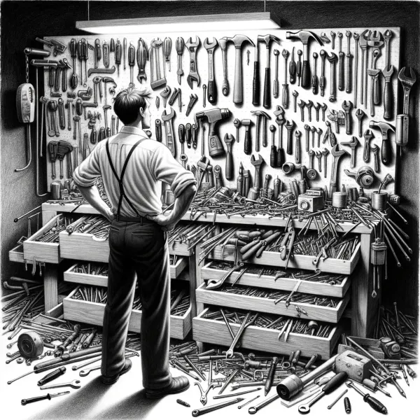 Person facing an overwhelming wall of tools, unsure which to pick