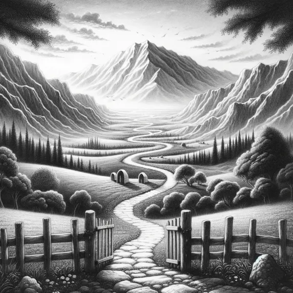Open gate onto a winding path leading toward distant mountains