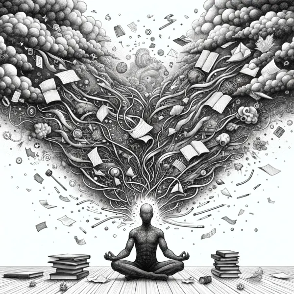 Meditating figure with thoughts, books and tasks swirling into storm clouds above