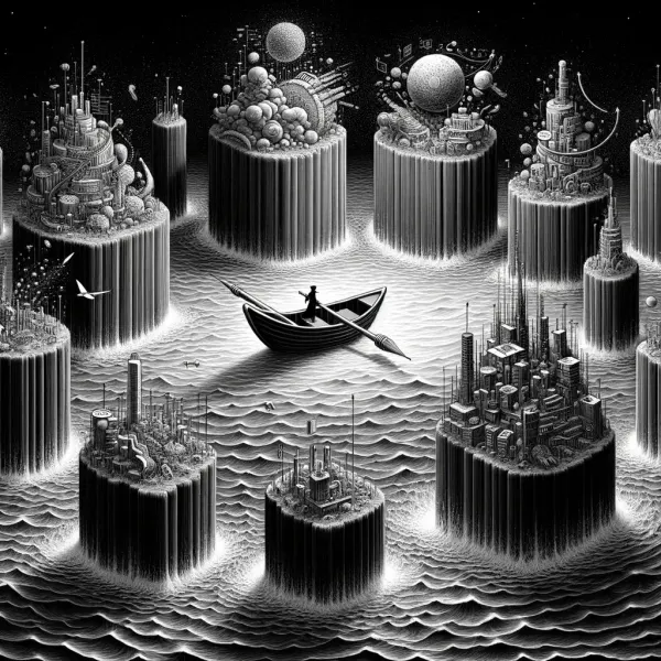 Illustration of isolated floating islands, each a separate information silo cut off from the rest