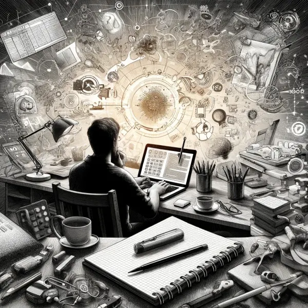 Knowledge worker at a cluttered desk overwhelmed by swirling ideas, the problem templates are meant to solve