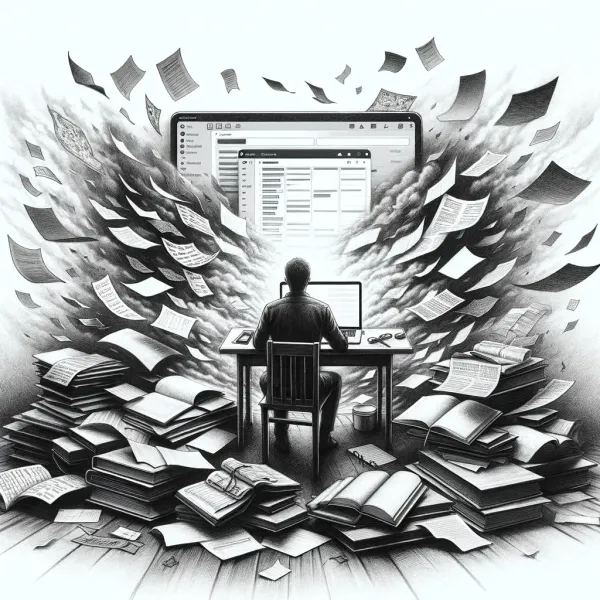 Person at computer surrounded by swirling papers, finding structure amid information chaos