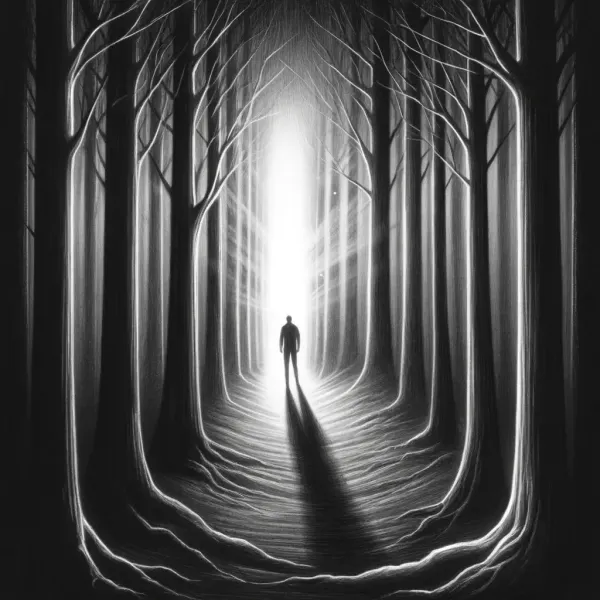Lone figure walking toward distant light through a tunnel of dark trees, a metaphor for emerging from depression