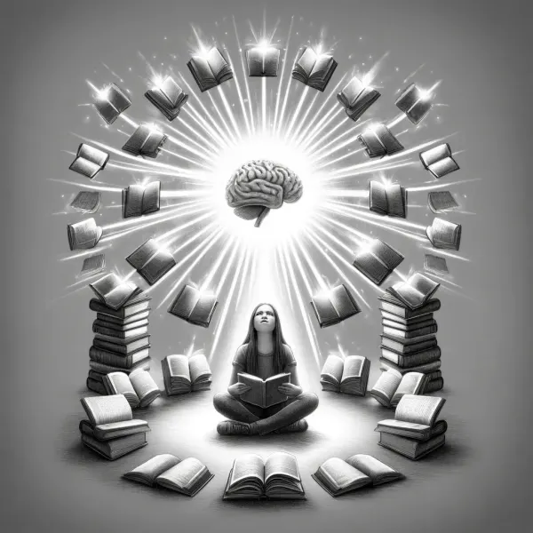 Learner seated amid swirling books and a glowing brain, evoking self-directed learning