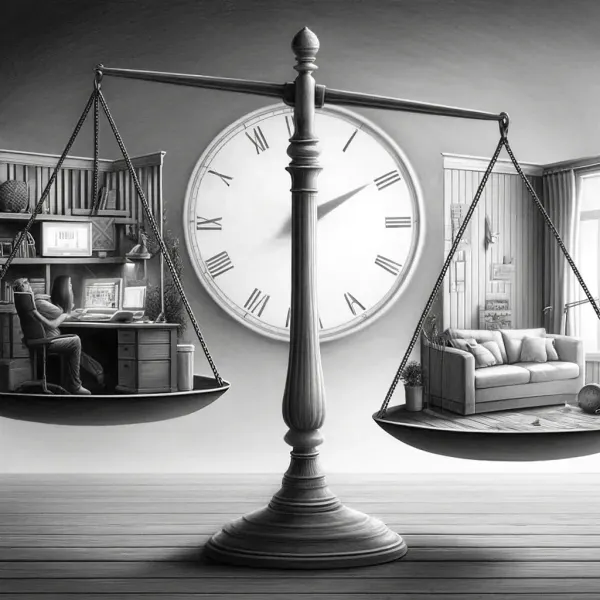 Balance scale weighing a home office against a living room under a clock, evoking work-life balance