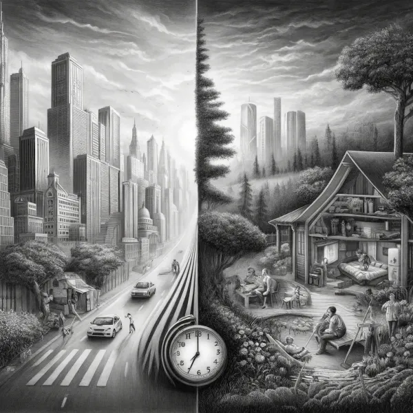 Split scene of a frantic city and a calm countryside home, evoking the choice between overwork and balance