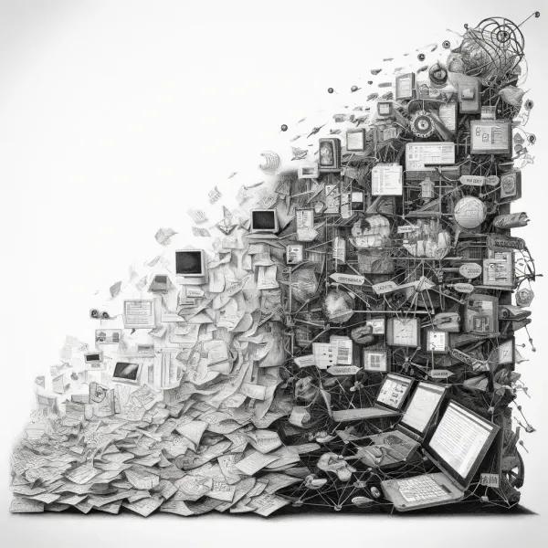 A towering avalanche of loose papers, screens, and linked notes, depicting 25 years of accumulated knowledge