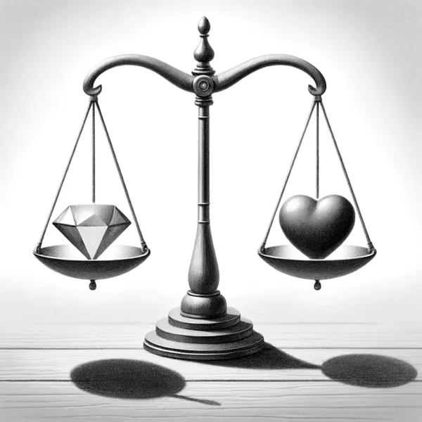 A balance scale weighing a diamond against a heart, the tension between quality and user satisfaction