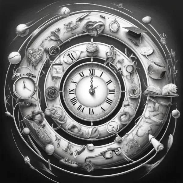 A clock at the center of concentric rings of life moments, illustrating the illusion of waiting for the right time