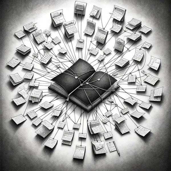 Open book at the center of a web of connected paper slips, the Zettelkasten metaphor