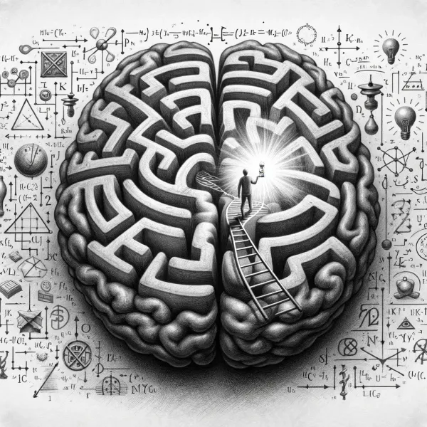 Pencil sketch of a brain-maze with a tiny figure climbing a ladder toward insight among formulas.