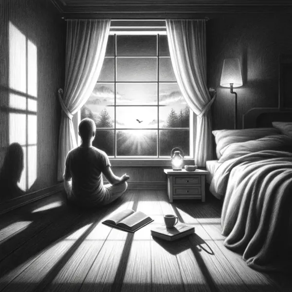 Person meditating at sunset by a window with a book and lantern, evoking a calming evening routine