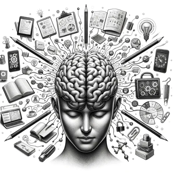 Head surrounded by books, devices and notes, showing PKM as an extended thinking environment