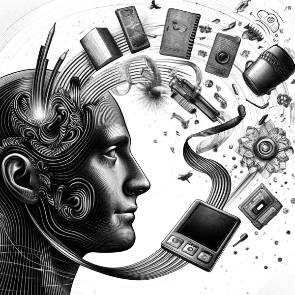 Ideas and devices streaming out of a human head, illustrating thoughts escaping before capture