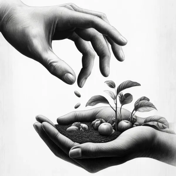 One hand dropping a seed into another cupped hand growing fruit, evoking eventual reciprocity