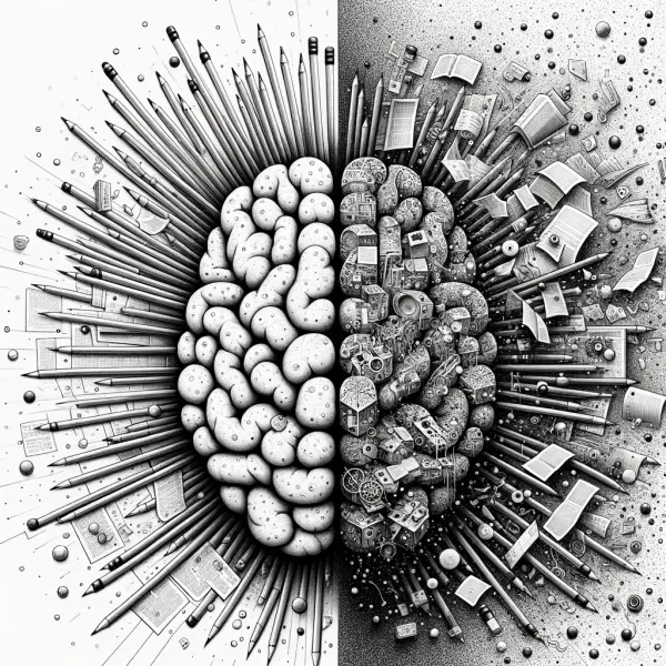Brain split between organic thought and explosion of tools and notes, illustrating atomic note-taking