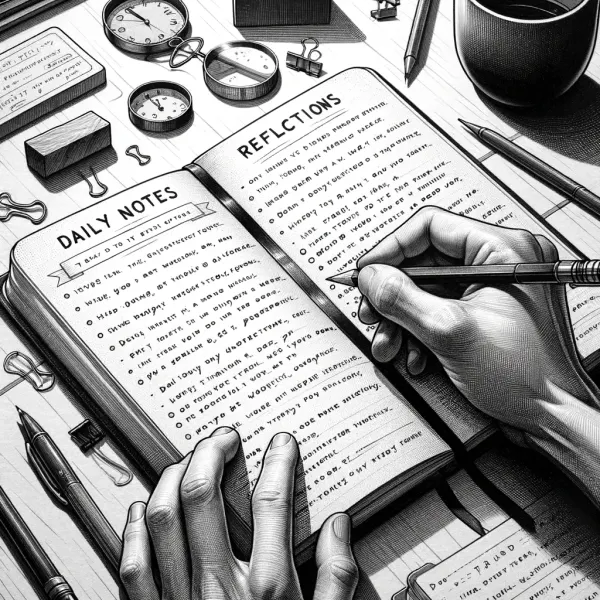 Hands writing in an open journal labeled Daily Notes and Reflections surrounded by pens and clips