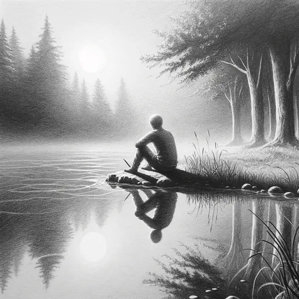 A person sitting alone by a still lake at dawn; quiet self-reflection and inner meetings.