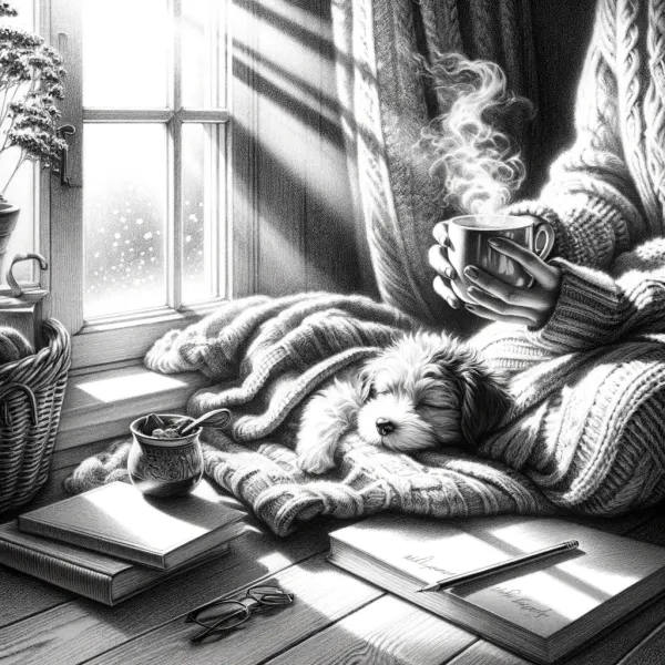 Puppy asleep in a blanket beside a steaming mug by a sunlit window, evoking gratitude for small moments