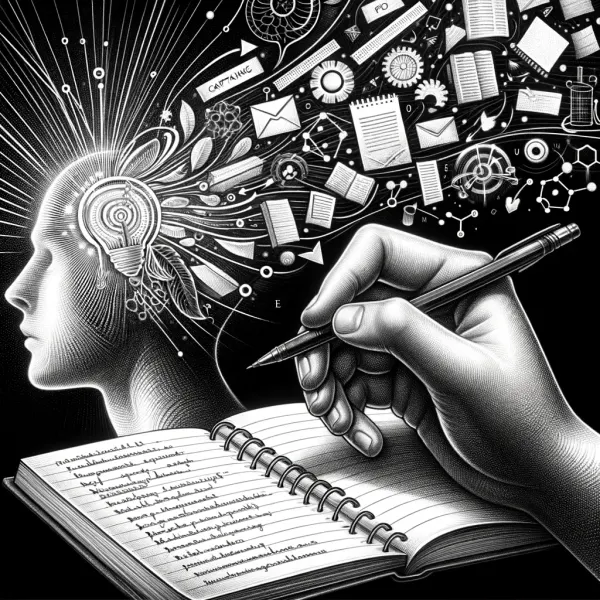 Hand writing in notebook as ideas and symbols stream from a glowing mind