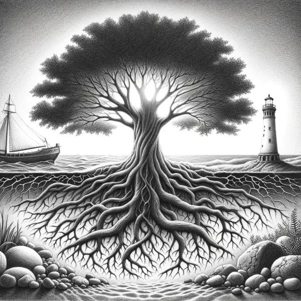 Ancient tree with deep roots anchored between ship and lighthouse, symbolizing stable foundations