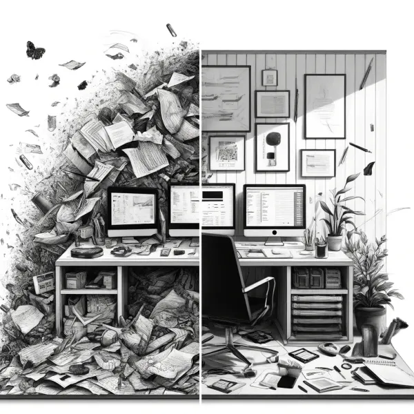 Split illustration contrasting a chaotic paper-flooded desk with a calm organized workspace