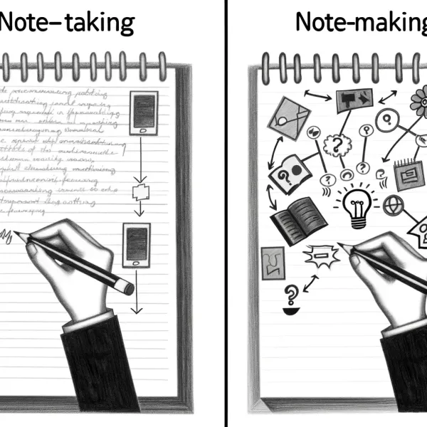 Side-by-side comparison: linear note-taking versus connected, creative note-making