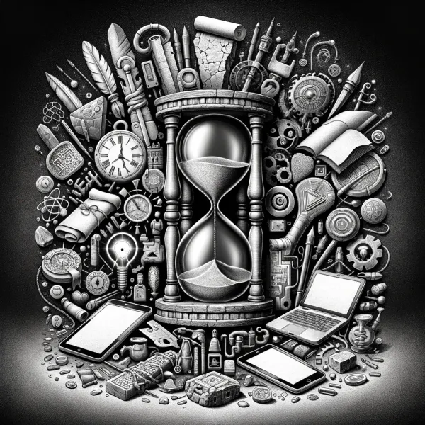 Hourglass surrounded by tools, books, and devices; timeless concepts outlast passing technologies.