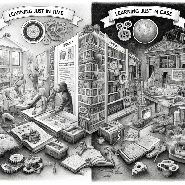 Split scene contrasting Learning Just in Time hands-on workshop with Learning Just in Case library