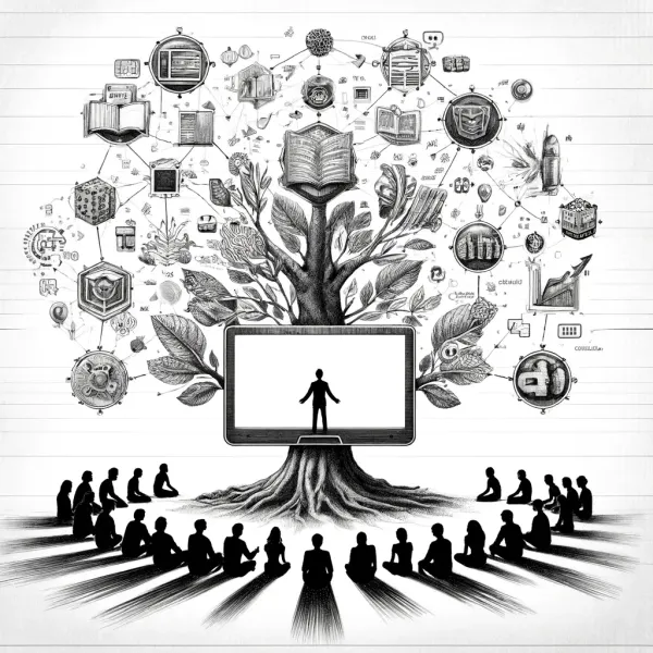 Knowledge tree growing from a screen with a community gathered around it, learning together