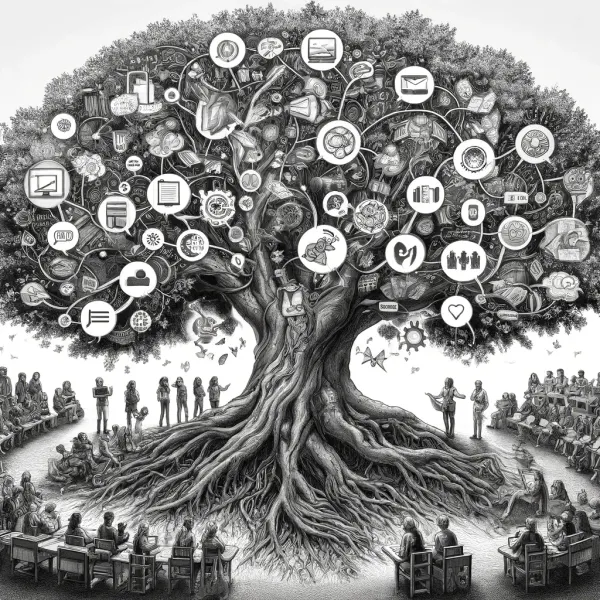Large tree whose branches carry knowledge icons as a community gathers around its roots