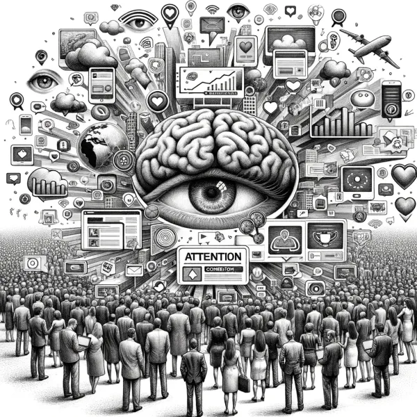 Giant eye and brain above a crowd besieged by ad and app icons, the attention economy at work