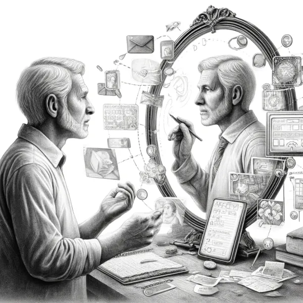 An older man facing his younger reflection in a mirror, exchanging notes across time